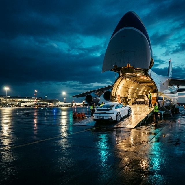 Luxury Porsche being loaded into cargo aircraft